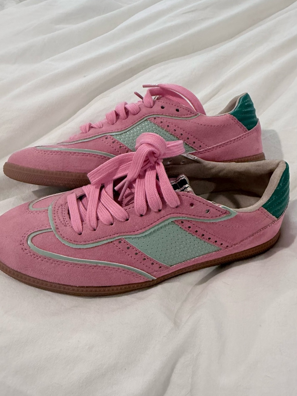 ShuShop Pink Suede Sneakers with Mint and Emerald Heel
